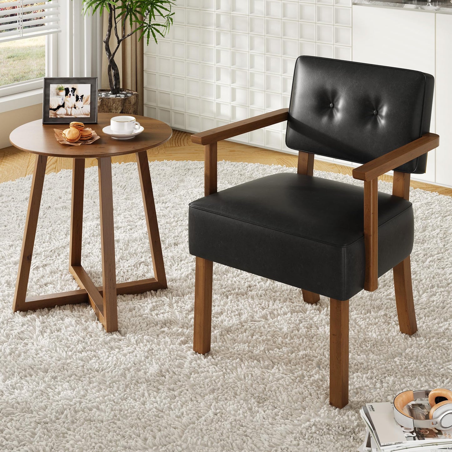 Garvee Mid-Century Accent Chair Set of 2 with Wood Frame, PU Leather Upholstered Lounge Arm Chair with Classic Button Tufting Reading Leisure Chair for Living Room, Bedroom, Balcony, Black