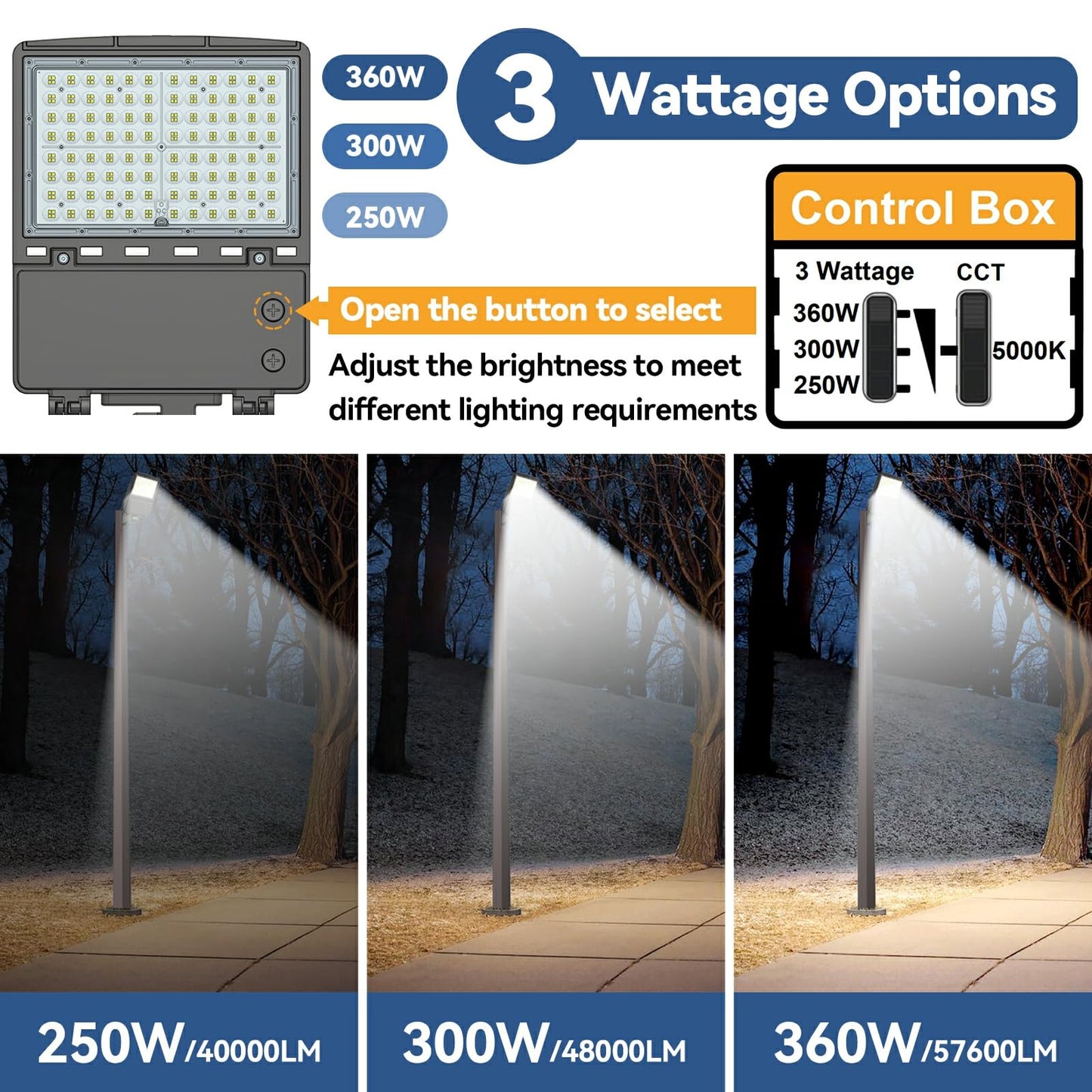 360W LED Parking Lot Light 2Pack: 250/300/360W Selectable, 57600LM 5000K LED Shoebox Light with Photocell, Arm Mount Flood Light, Commercial Outdoor Area Lighting for Driveway Stadium Roadways, ETL