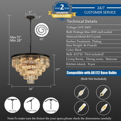 Crystal Chandeliers for Dining Room Lights Fixture Over Table, 20 Lights Black Modern Chandeliers for Living Room, 5-Tier Round Crystal Lighting Fixtures for Bedroom Entryway Kitchen Island D30 Inch