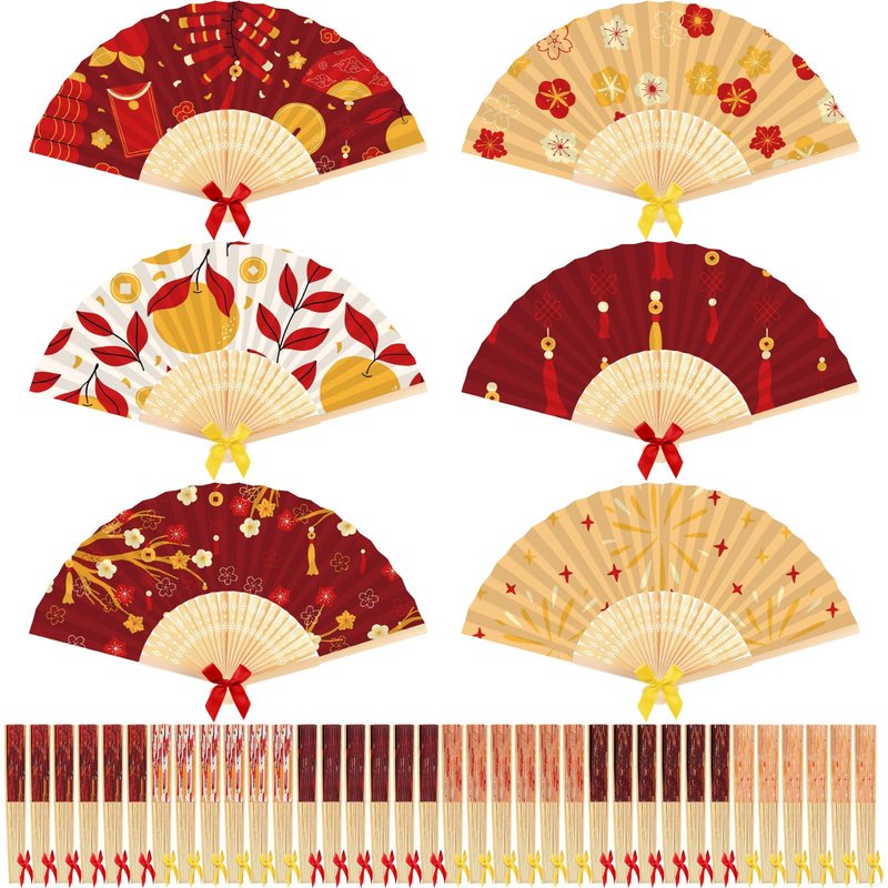 Roowest 36 Pcs Chinese New Year Paper Fans with Bamboo Handles - Asian Oriental 2026 Lunar New Year Decoration Folding Fans Bulk for Japanese Chinese Festival Wall Decor Party Favor Gifts