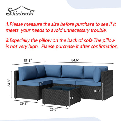 Patio Furniture Sets, 5 Piece Outdoor Sectional Sofas, Wicker Rattan Outdoor Furniture Patio Conversation Set, All-Weather PE Rattan Outdoor Couch for Backyard, Garden, Black & Aegean Blue