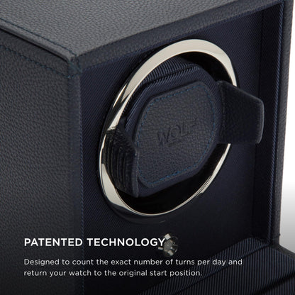 Wolf Cub Single Watch Winder with Glass Cover, Navy - Secure Fit with Patented Lock-in Dynamic Cuff - Accommodates All Wrist Sizes - Vegan Leather - Includes Universal Adapter