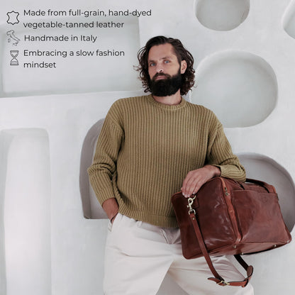 Time Resistance Leather Duffel Bag - Large Weekend Gym Travel Bag (Cognac Brown)