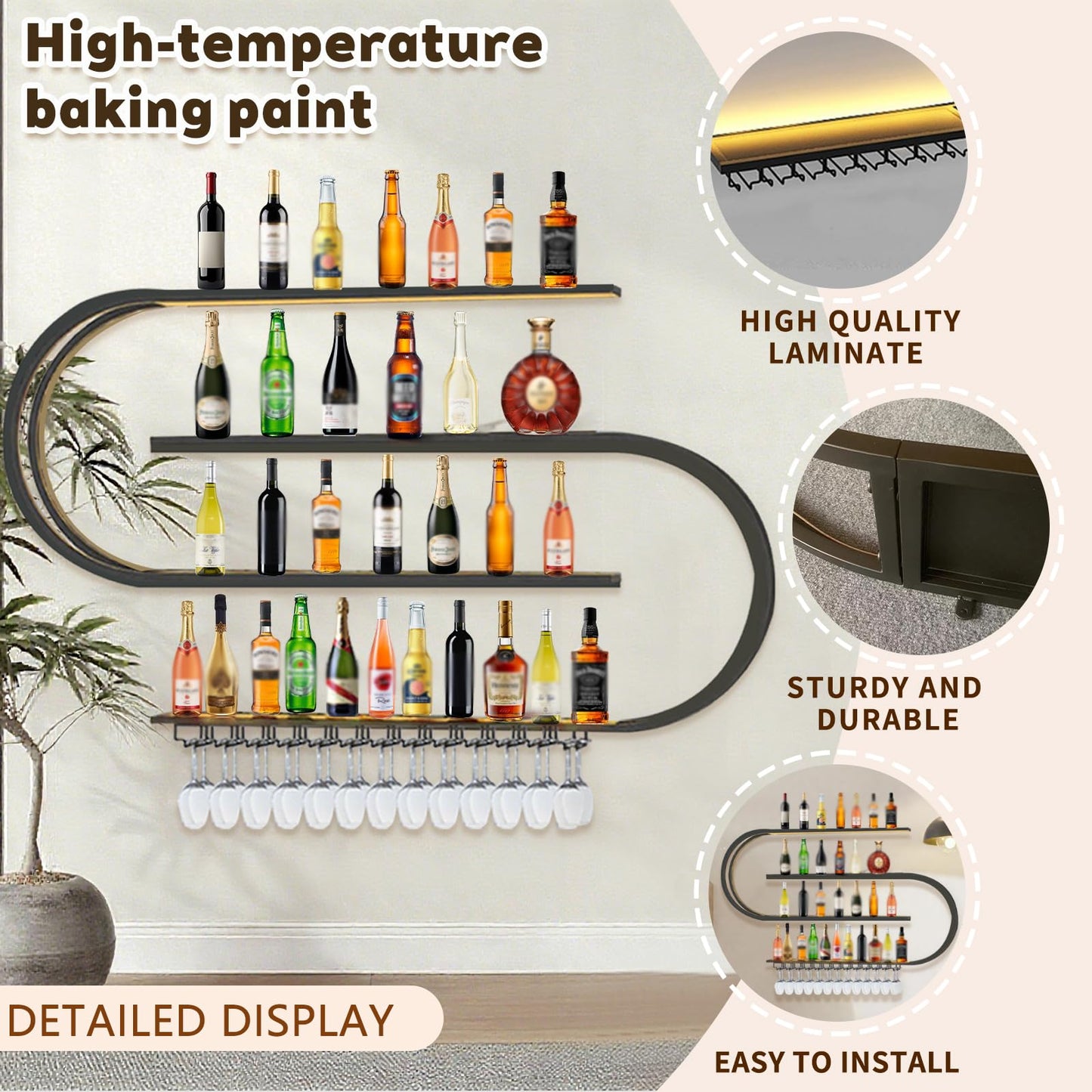 amhricho 78.7in Large Wine Rack with LED Light, Half Round Wall Mounted Wine Rack, 4-Tiers Liquor Bottles Floating Shelves Display Storage for Home Bar Dining Room (Black, 78.7 * 7.87 * 47.2INCH)