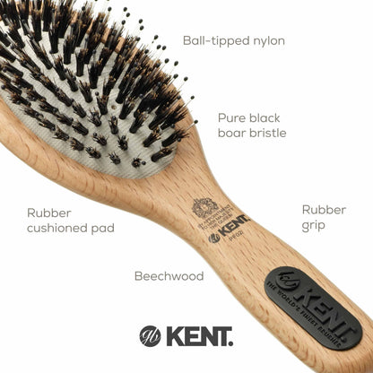 Kent PF01 Large Cushion Detangler Brush, Boar Bristle and Non-Scratch Nylon Mix Hairbrush for Straightening Smoothing. Oval Wood Paddle Detangling Hair Brush for Medium to Long Hair, Made in England