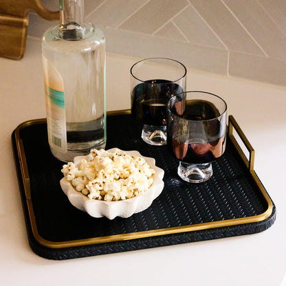Preston Lane Mayfair Decorative Tray – Vegan Leather with Woven Texture, Brushed Brass Handles – Serving, Dresser & Coffee Table Tray, Ink 12.8 x 12.8 x 1