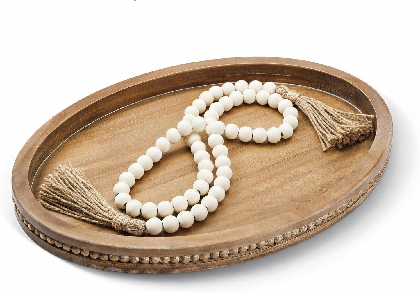 16" 11.8" 58" x Oval Wood Decorative Tray with Bead Garland, Farmhouse Coffee Table & Kitchen Island Dcor, Rustic Brown