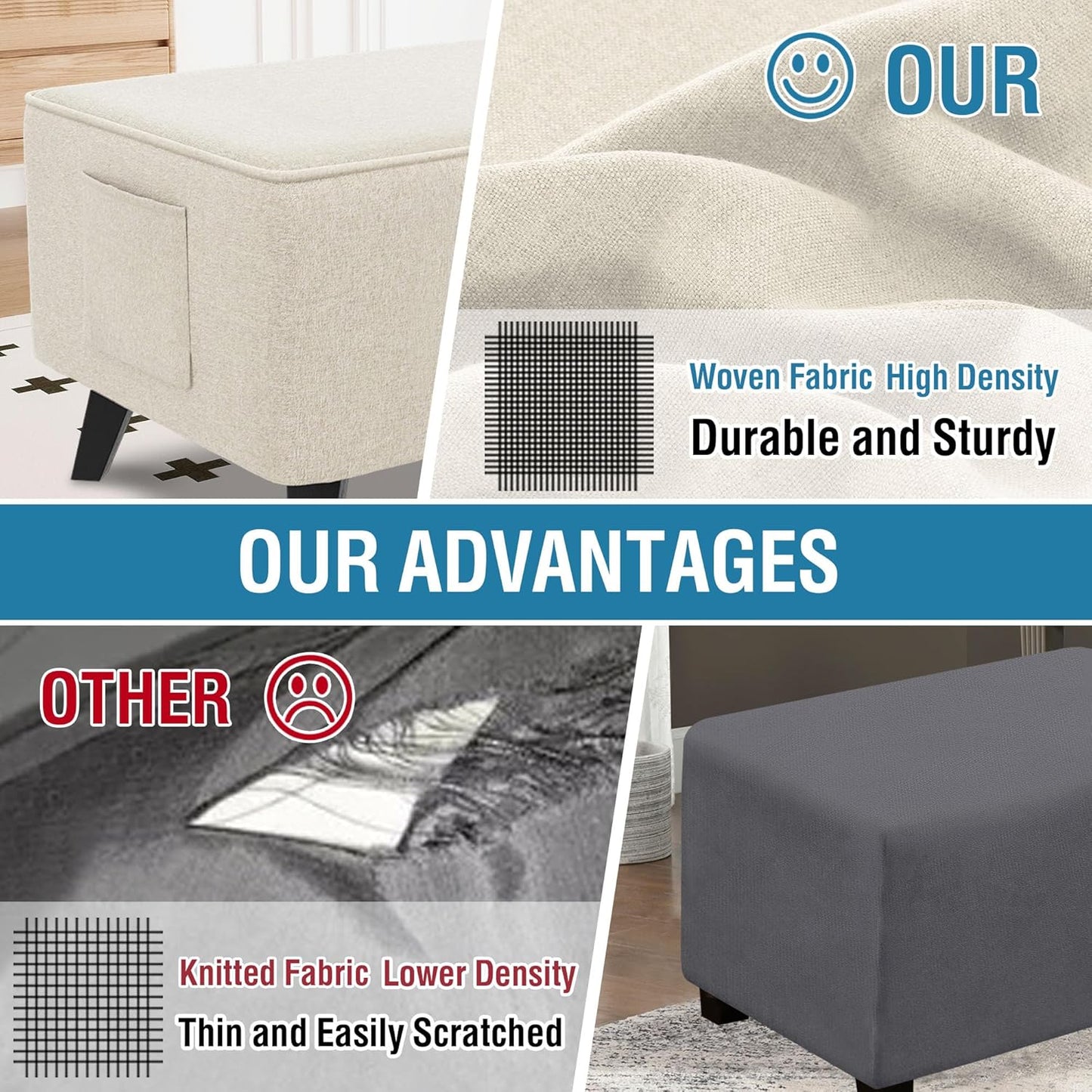 18"-19" H.VERSAILTEX Thick Ottoman Cover Durable Linen Look Storage Ottoman Slipcover Footrest Stool Covers