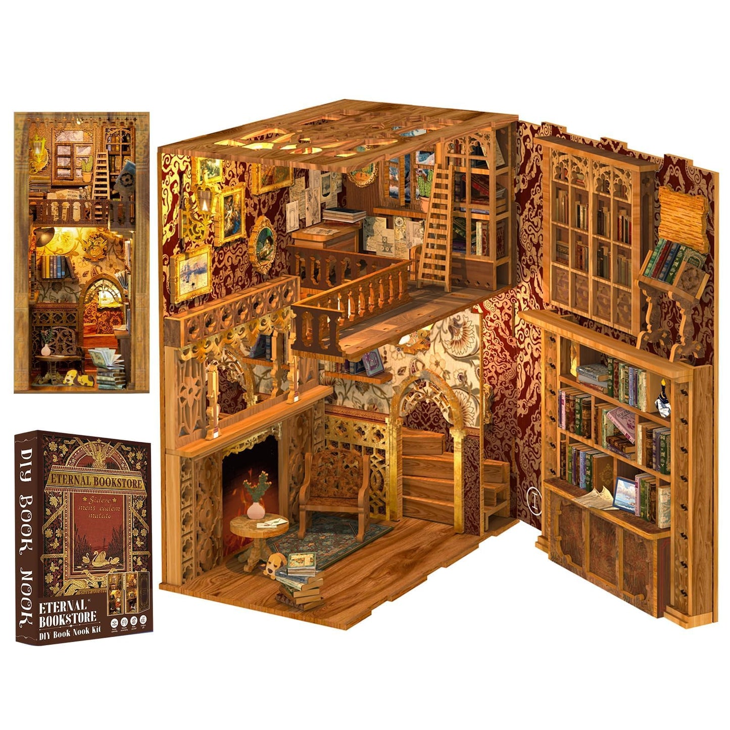 Cutefun Book Nook Kit Library, DIY Miniature Booknook Kit for Adults, 3D Wooden Puzzle Bookend Bookshelf Decor with LED Light & Dust Cover Christmas Crafts Gifts for Book Lovers (Eternal Bookstore)
