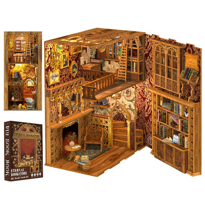 Cutefun Book Nook Kit Library, DIY Miniature Booknook Kit for Adults, 3D Wooden Puzzle Bookend Bookshelf Decor with LED Light & Dust Cover Christmas Crafts Gifts for Book Lovers (Eternal Bookstore)