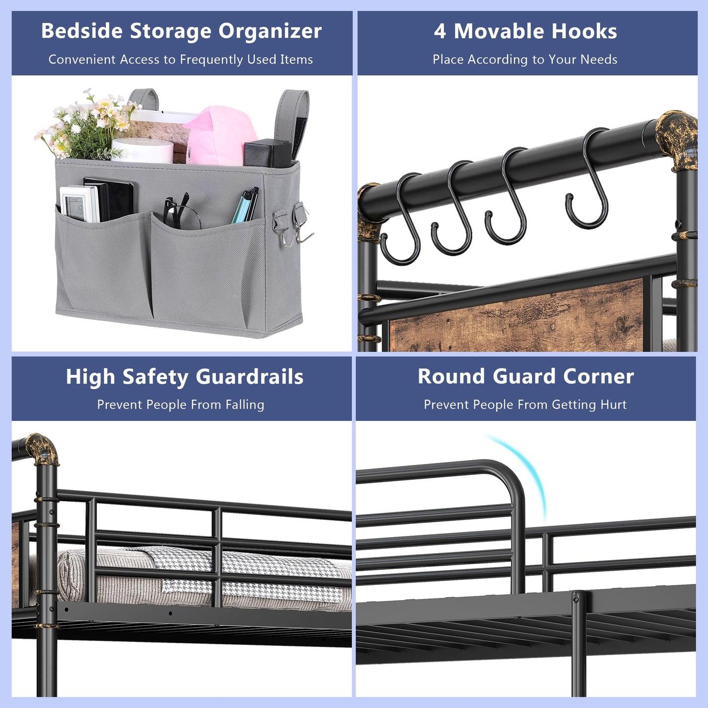 Jocoevol Metal Bunk Bed Twin Over Full, Industrial Bunkbeds Heavy Duty Bed with Safety Guard Rails and Space-Saving Design, Steel Bed for School, Bedroom (Vintage Brown)
