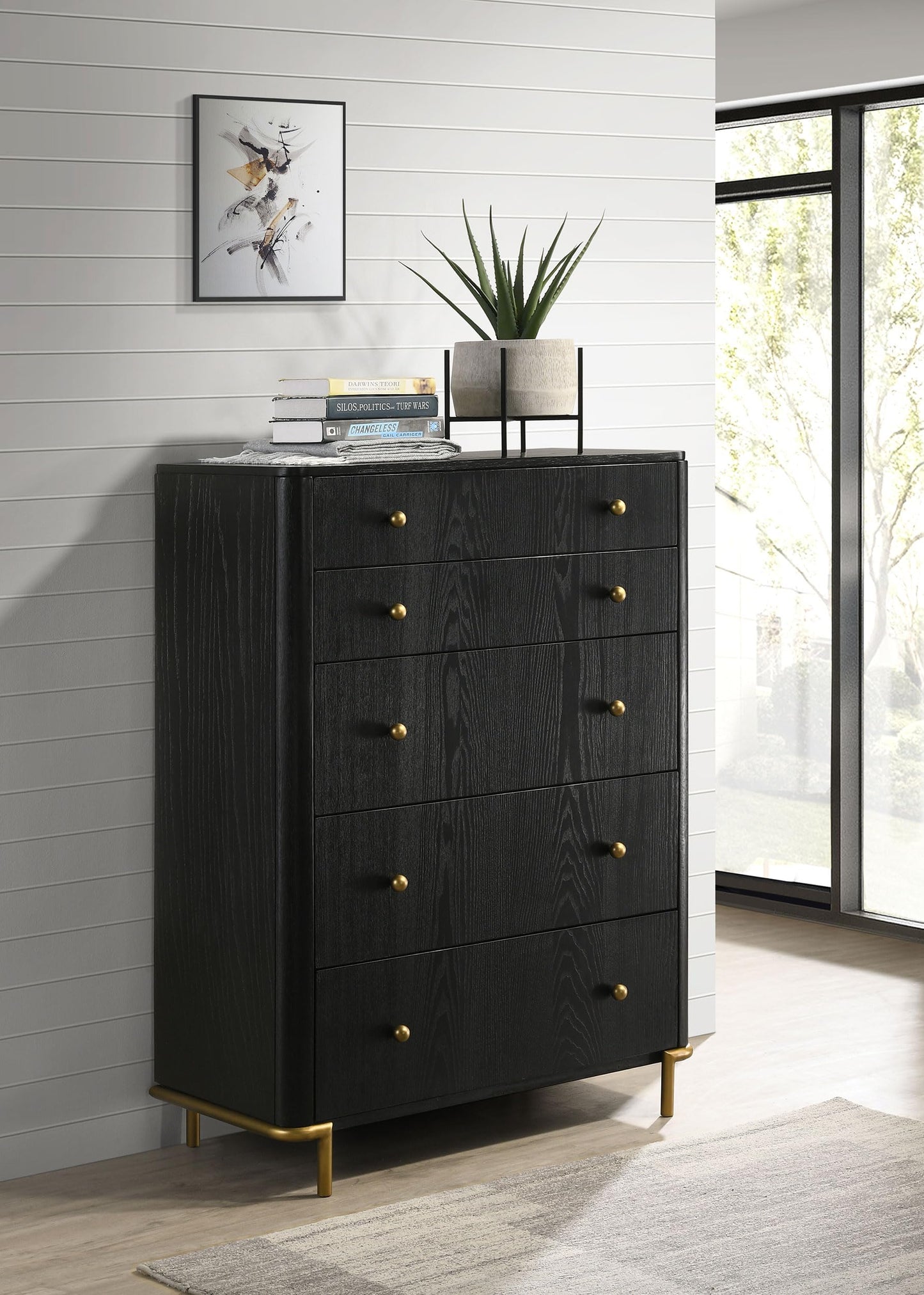Coaster Home Furnishings - Arini - Wood - 5-Drawer Chest with Rounded Corners, Gold Knobs, Hidden Drawer and Wire-Brushed Finish - Coastal - Bedroom - Black - 224335