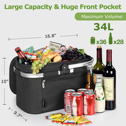 Tirrinia Large Insulated Picnic Basket, 34L Water Resistant & Leakproof Collapsible Portable Cooler Basket Set with Aluminium Handle for Travel,Foldable Grocery Bag, Black