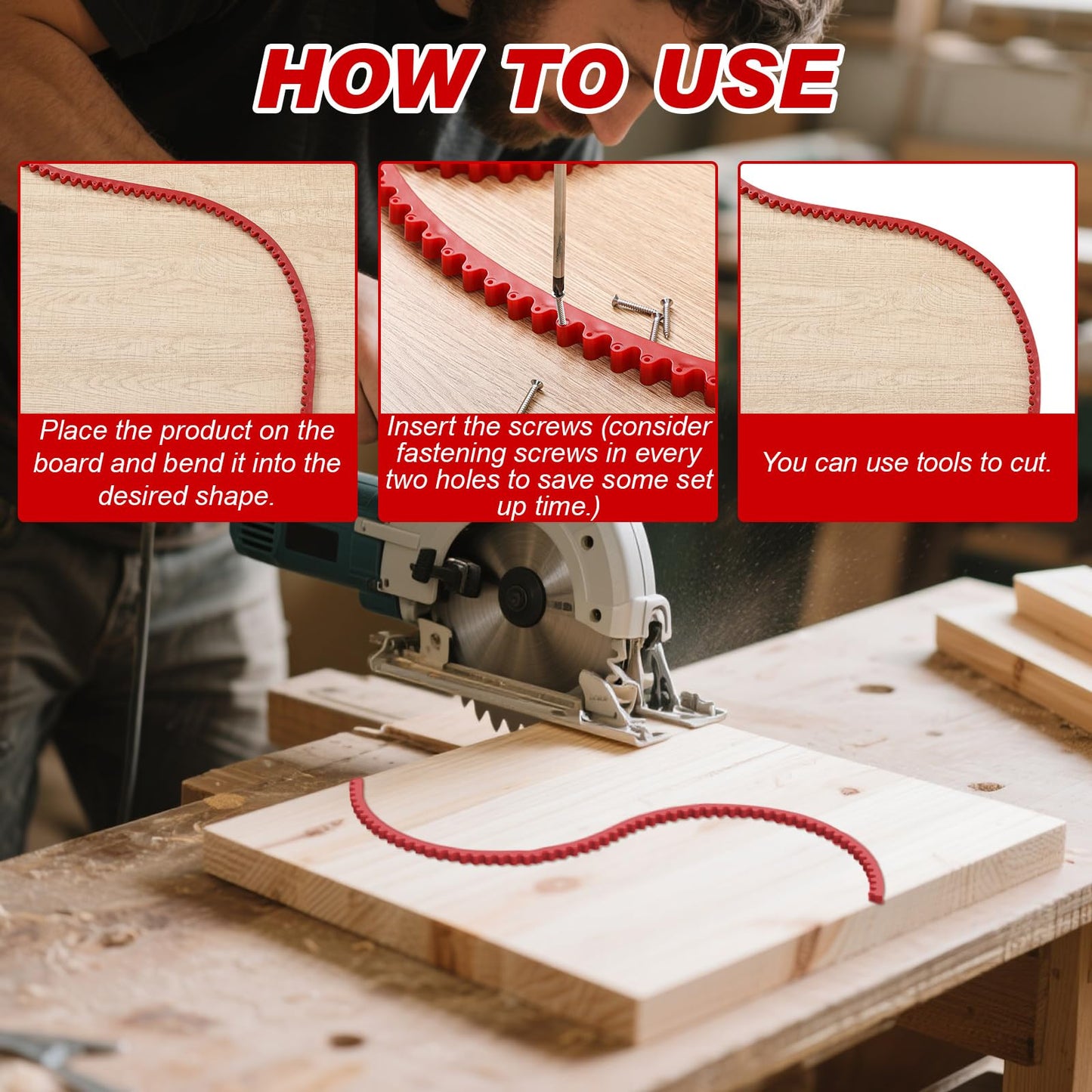 Frienda 78" Router Edge Guide Templates Kit Flexible Curve Ruler for Woodworking with 150 Self-tapping Screws Adjustable Arcs Red Tool for Router Precision Trimming Arc Angle Positioning Cabinet Table