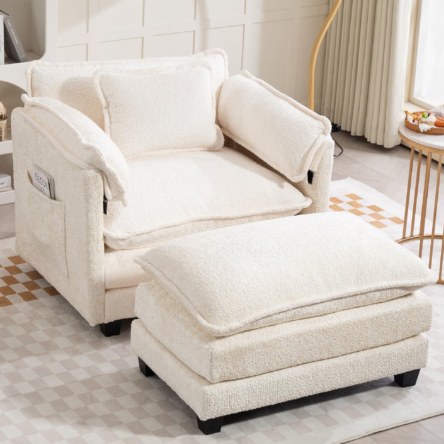 KEIKI Boucle Oversized Lounge Chair, Cozy Reading Chair with Storage & Ottoman, 40" W Modern Accent Chair W/Double Deep Cushion, Upholstered Armchair Seating for Living Room, Bedroom, Beige