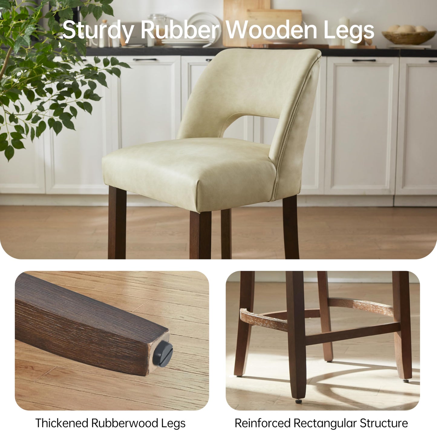 VKNOW 26" Bar Stools Set of 4, Faux Leather Counter Height Bar Stools with Backrest and Rubberwood Legs, Upholstered Barstools for Kitchen Island, Bar and Dining Room, Beige