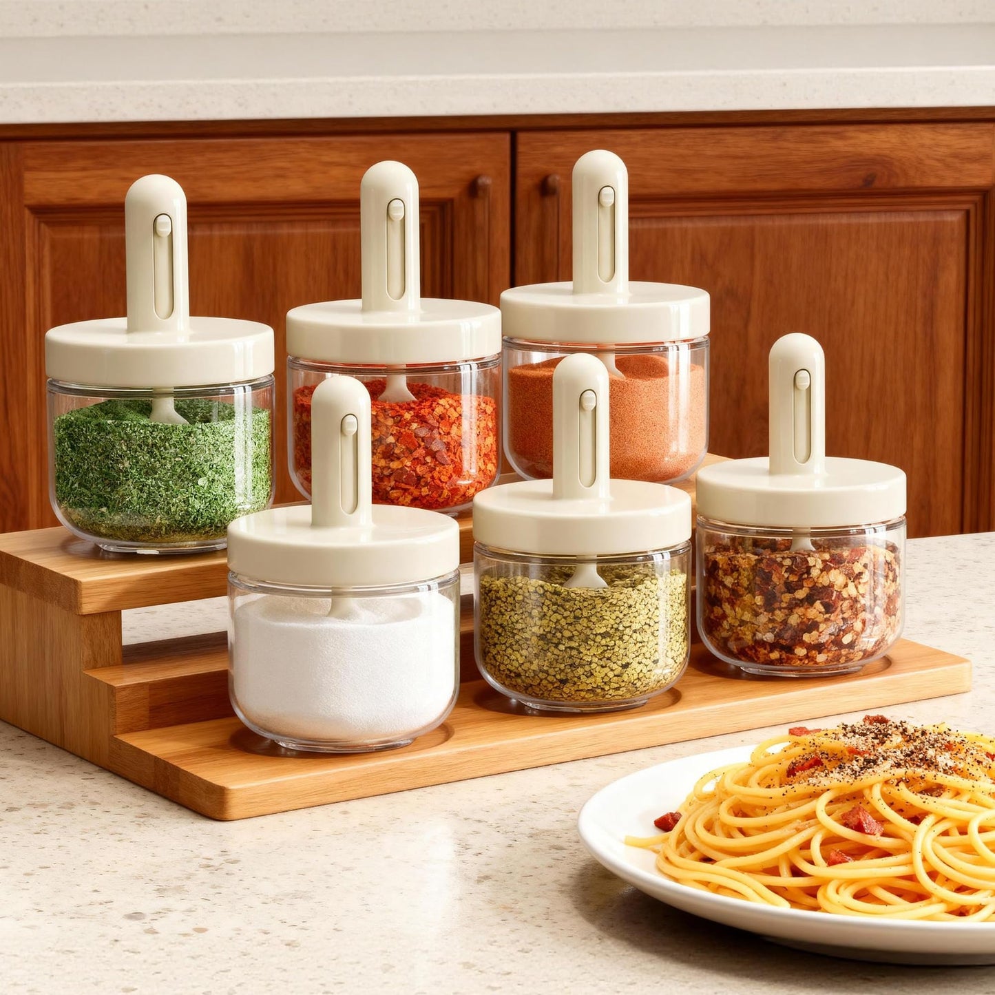 ShanSon 6-Piece Glass Spice Jars with Adjustable Spoon, 10.16oz /300ml Seasoning Containers with Airtight Lids, Moisture-Proof Condiment Pots, Spice Organizer for Kitchen Countertop & Pantry Storage