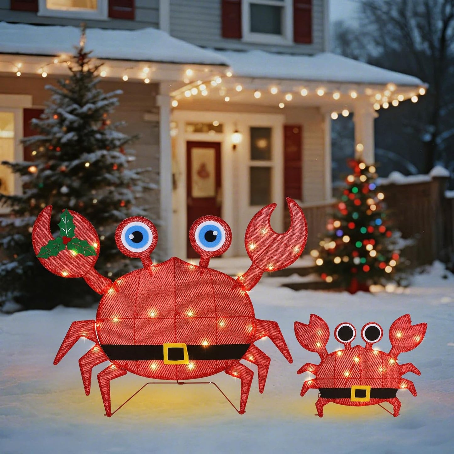 Set 2 2D Prsildan Outdoor Christmas Decorations - of LED Lighted Crab Yard Decor, Battery Operated Holiday Lawn Figures