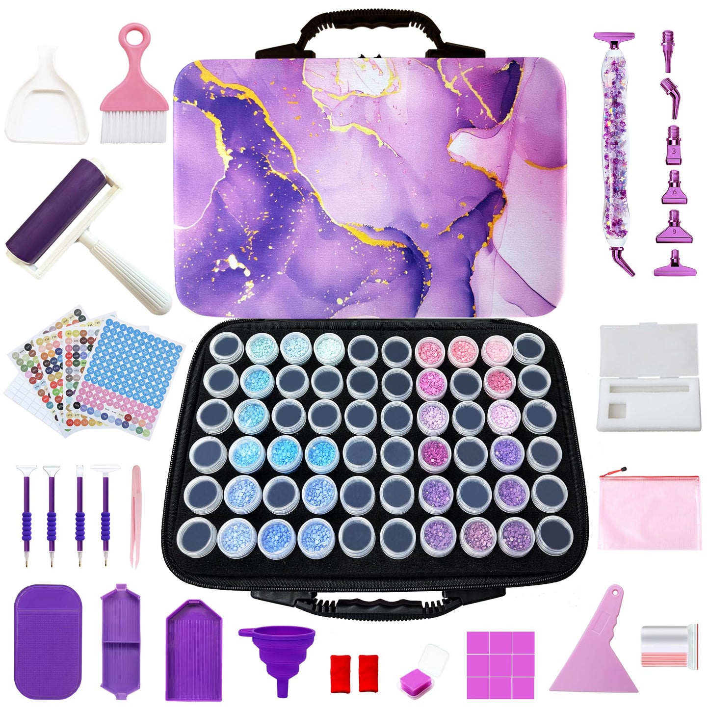 Muzagroo Art Diamond Painting Storage Containers, Diamond Art Storage Case with Accessories and Tools, Portable Shockproof 60 Slots Organizer Case for Diamond Painting Kits M (Purple)