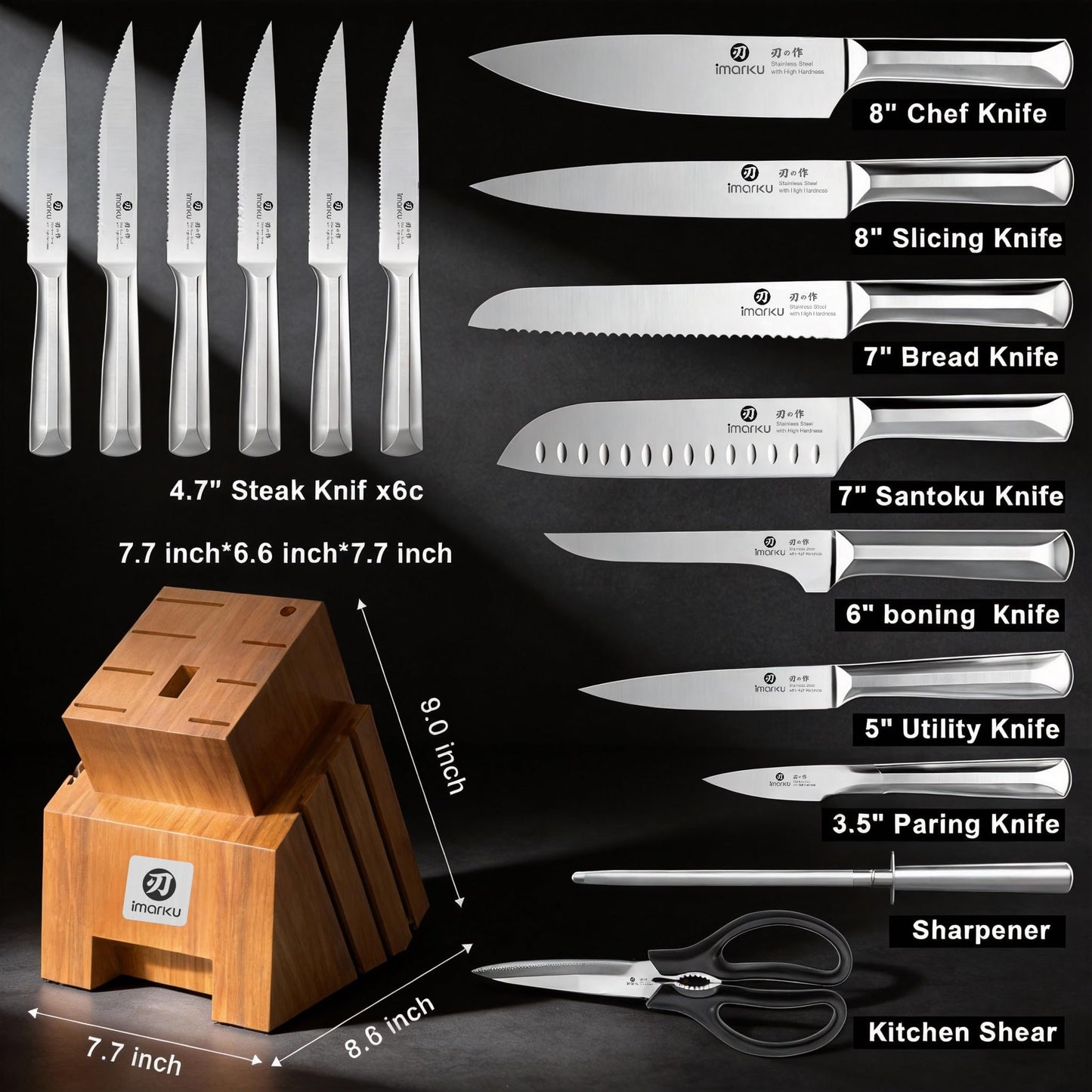 imarku Knife Set, Kitchen Knife Set with Block & Sharpener, 16PCS Japanese High Carbon Stainless Steel Ultra Sharp Knife Block Set, Ergonomic Non-Slip Handle, Dishwasher Safe, Perfect Gifts