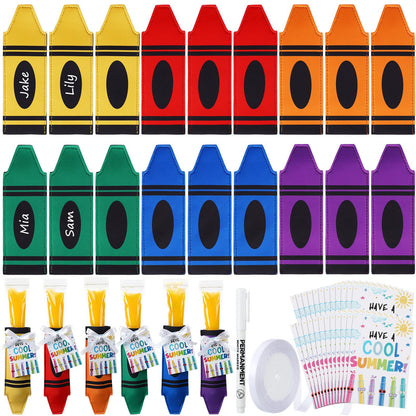 Potchen 24 Set Ice Pop Sleeves Reusable Colorful Freezer Neoprene Ice Sleeves Holder Bag with 24 Pcs Gift Cards 1 Roll Ribbon for Classroom Prizes Summer Birthday Party(Crayon)