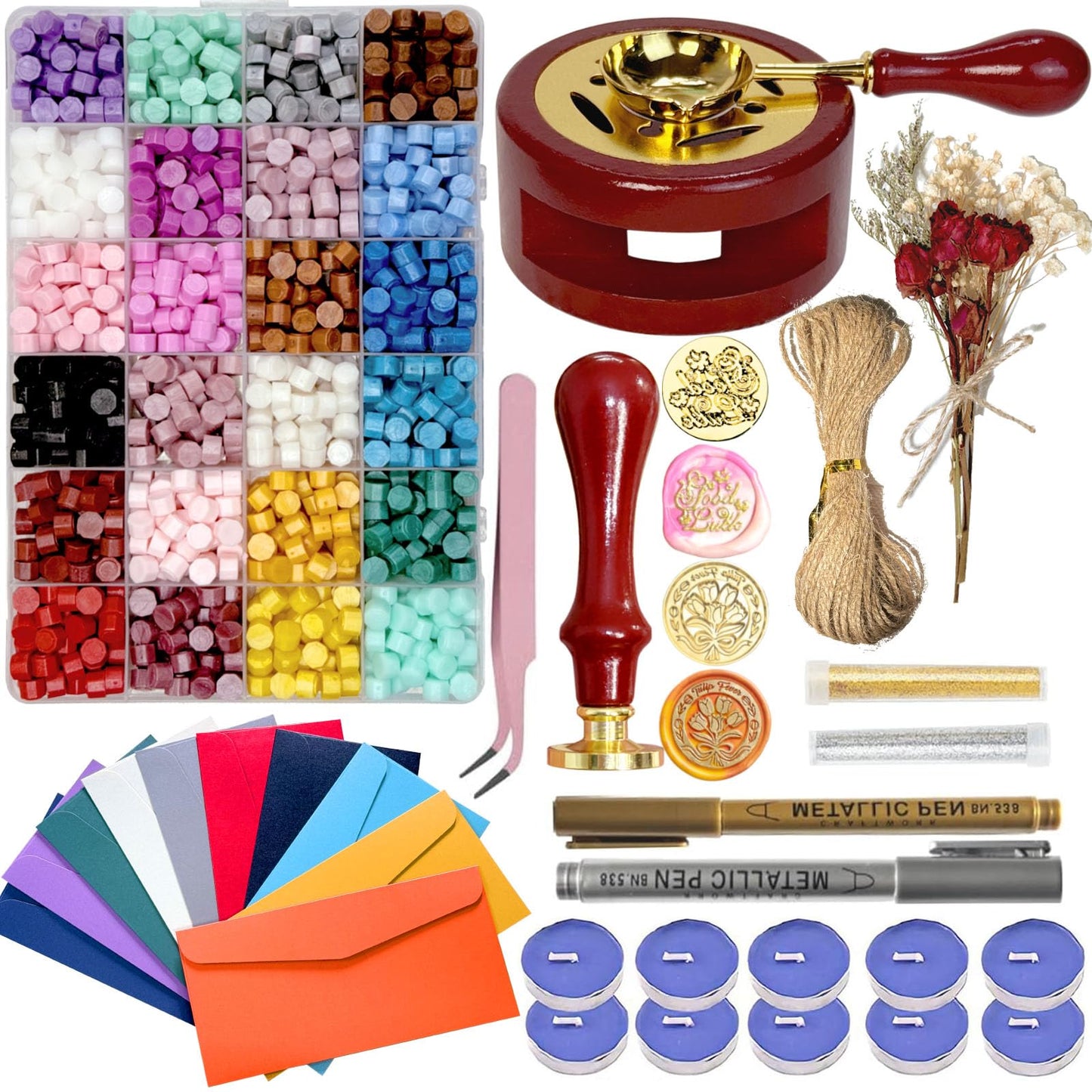 Wax Seal Kit, 24 Colors Sealing Beads, 2 Pcs Stamp,Sealing Wax Warmer, Metallic Pen, Envelope,Dried Flower,Candles for Wedding Birthday Gift and DIY Craft