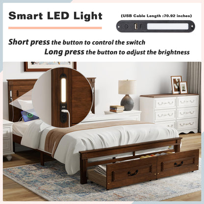 KEIKI Queen Size Farmhouse Bed Frame with 2 Storage Drawers & LED Lights & USB-C Charging Ports, Solid Wood Platform Bed with Tall Panel Headboard & Footboard, No Box Spring Needed, Walnut