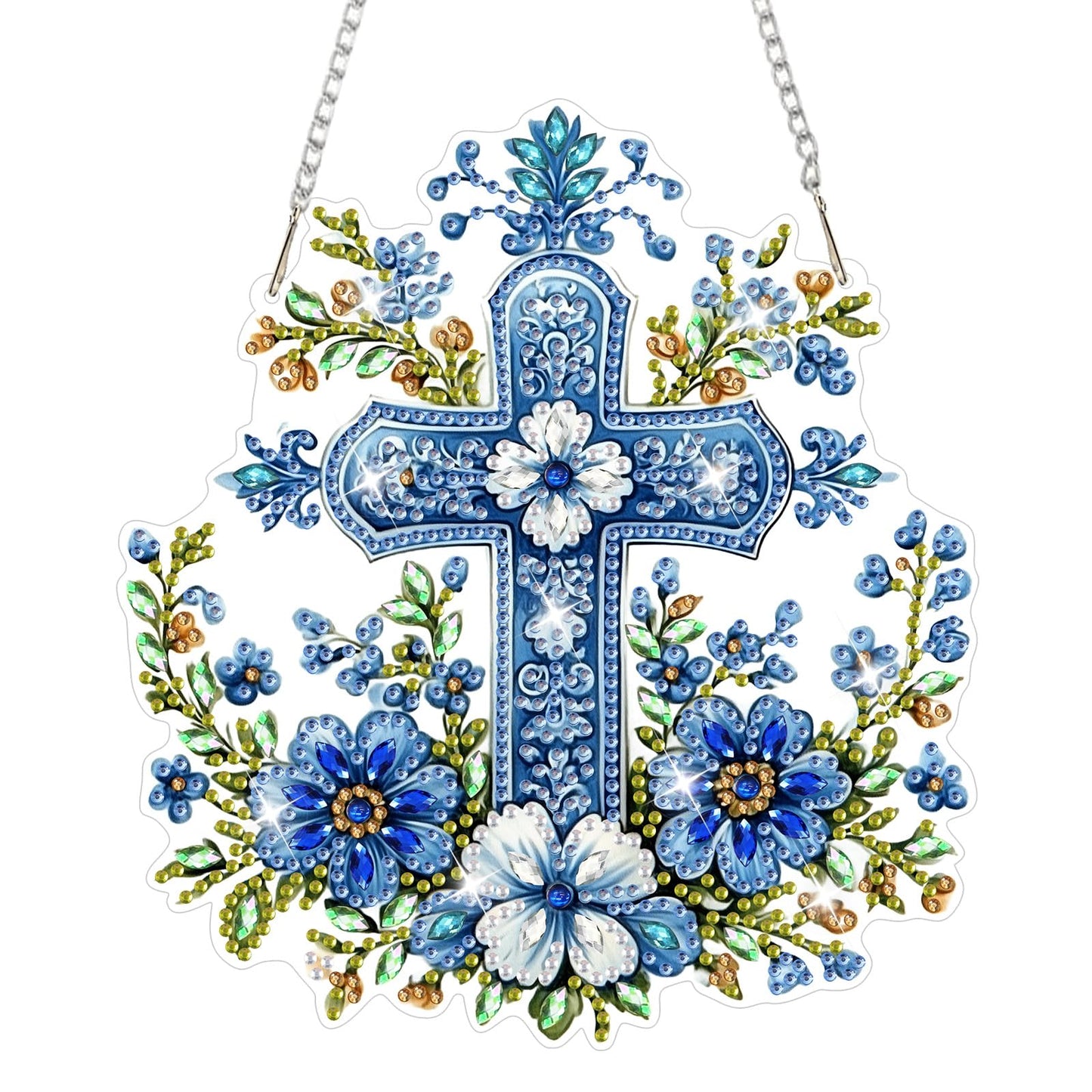 NAIMOER Cross Flowers Diamond Art Hanging Kits for Adults, 5D Special Shaped Rhinestone, DIY Acrylic Spring Diamond Art Painting Window Pendants Home Garden Wall Hanging Ornament Kits, Double Sided