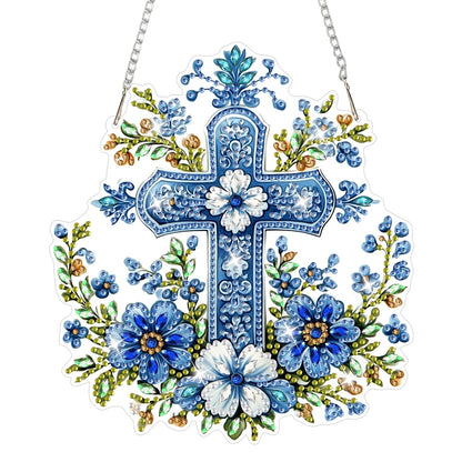 NAIMOER Cross Flowers Diamond Art Hanging Kits for Adults, 5D Special Shaped Rhinestone, DIY Acrylic Spring Diamond Art Painting Window Pendants Home Garden Wall Hanging Ornament Kits, Double Sided