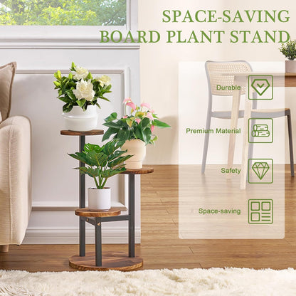 3 VECELO Tier Plant Stand Indoor Outdoor, Tall Metal Wood Flower Shelf for Multiple Plants, Small Tiered Round Corner