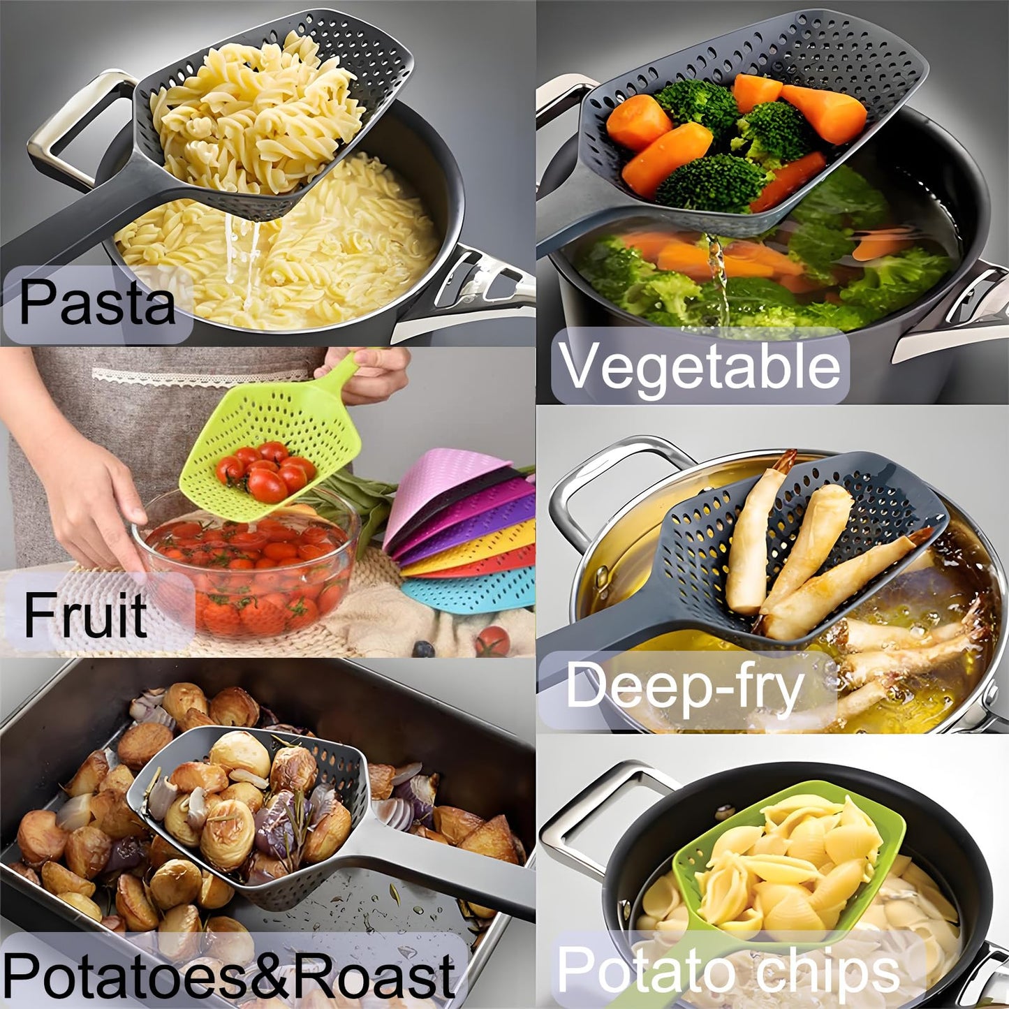 SEIWEI Large Strainer Spoon, Long Handle Tool Colander Draining Scoop, Heat-Resistant Pasta Strainer Cooking Kitchen for Spaghetti, Noodles, Veggies, Non-Slip Grip & Hanging Loop, 13.5'', Green