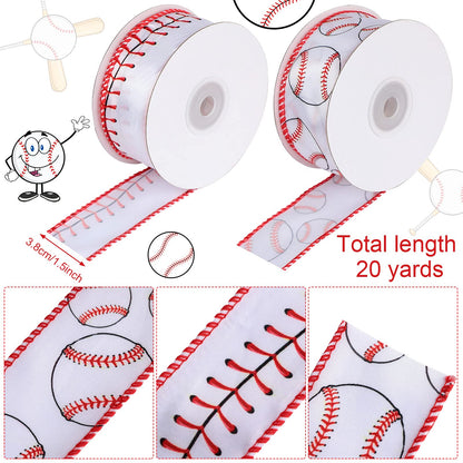 2 Rolls 20 Yards Baseball Ribbons Red White Wired Edge Fabric Ribbons 1.5 Inch Sport Stitching Satin Wired Ribbon for Present Wrapping DIY Crafts Decoration