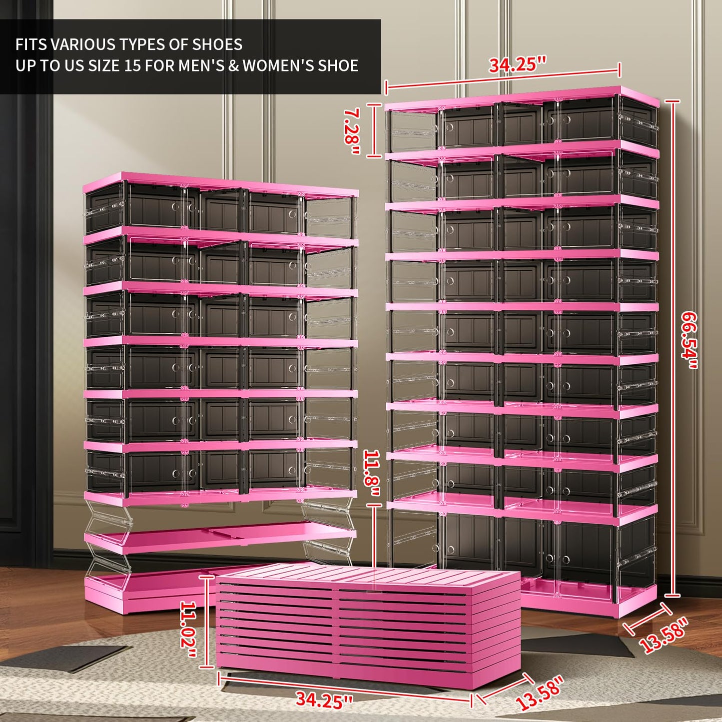 CIMLORD 9 Tier 18-36 PairsFoldable Shoe Rack for Closet Entryway,9-Tier Foldable Shoe Rack for Closet Entryway 18-36Pairs, Stackable Clear Shoe Storage Boxes Organizer with Door Plastic Shoe Cabinet