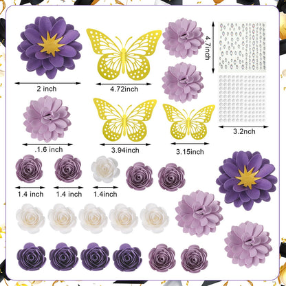 MotiMind 39 Pcs Graduation Cap Decorations Kit Including 25 Rose Heads Paper Flowers 12 3D Gold Butterfly Stickers 1 Self Adhesive Pearl 1 Rhinestones Stickers for DIY Graduation Cap(Purple)