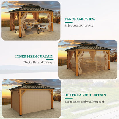YITAHOME 11X13FT Wood Outdoor Gazebo Wooden Hardtop Gazebo Double Roof Hardtop Galvanized Steel Top Canopy w/Curtain and Netting, Patio Heavy Duty for Deck, Backyard, Golden
