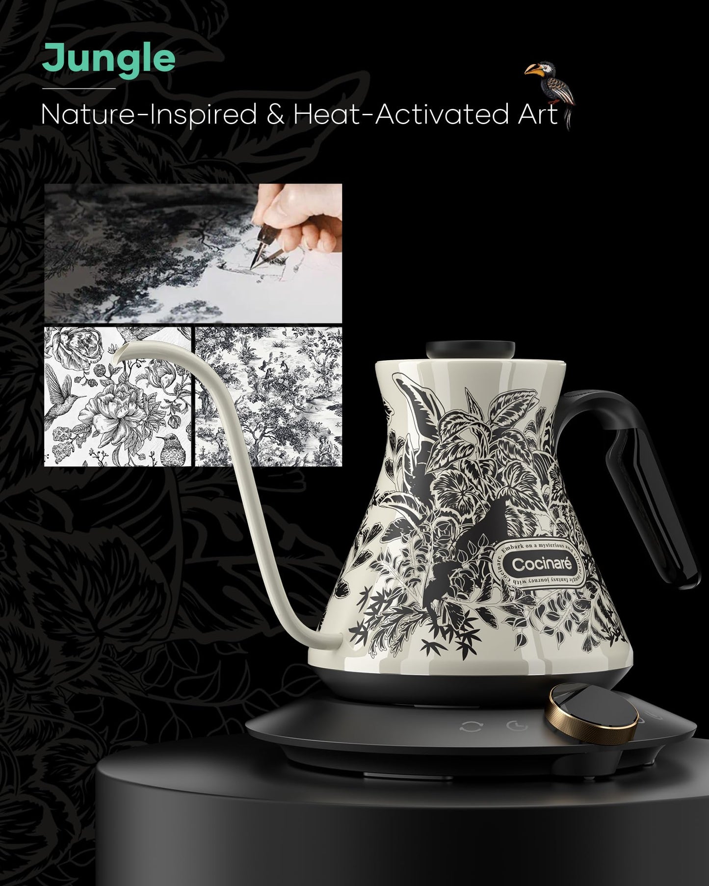 Cocinare Gooseneck Electric Kettle, ±0.5°F Precise Temperature Control, 1500W Fast Heating, Pour-Over Coffee & Tea, Stainless Steel, 0.6L (Color-changing Jungle Design)