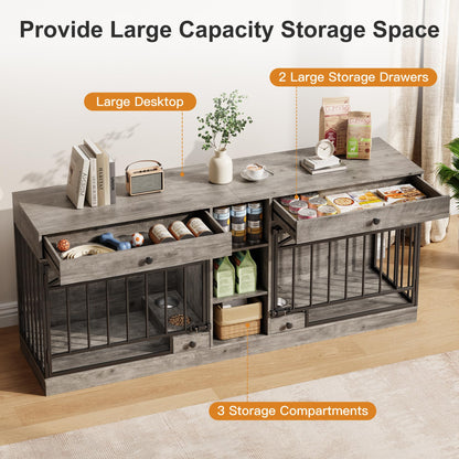 GarveeHome Dog Crate Furniture for 2 Dogs, Dog Kennel Indoor with Storage and Feeding Bowls, Double Dog Crate TV Stand for Small Medium Dogs, Grey