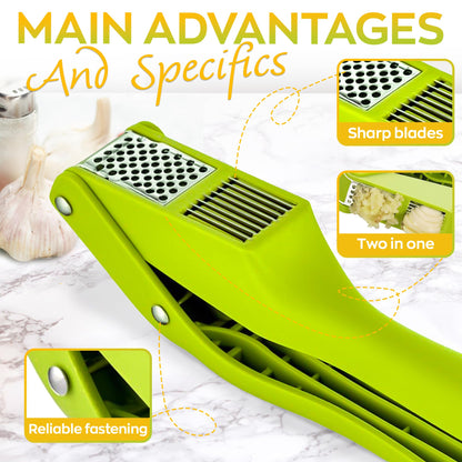 2 in 1 Garlic Slicer and Garlic Press - Multipurpose Garlic Press and Slicer, Stainless Steel and Durable Plastic, 7.6 x 1.7 x 2.5", Easy to Use and Clean, Good for Home and Commercial Use
