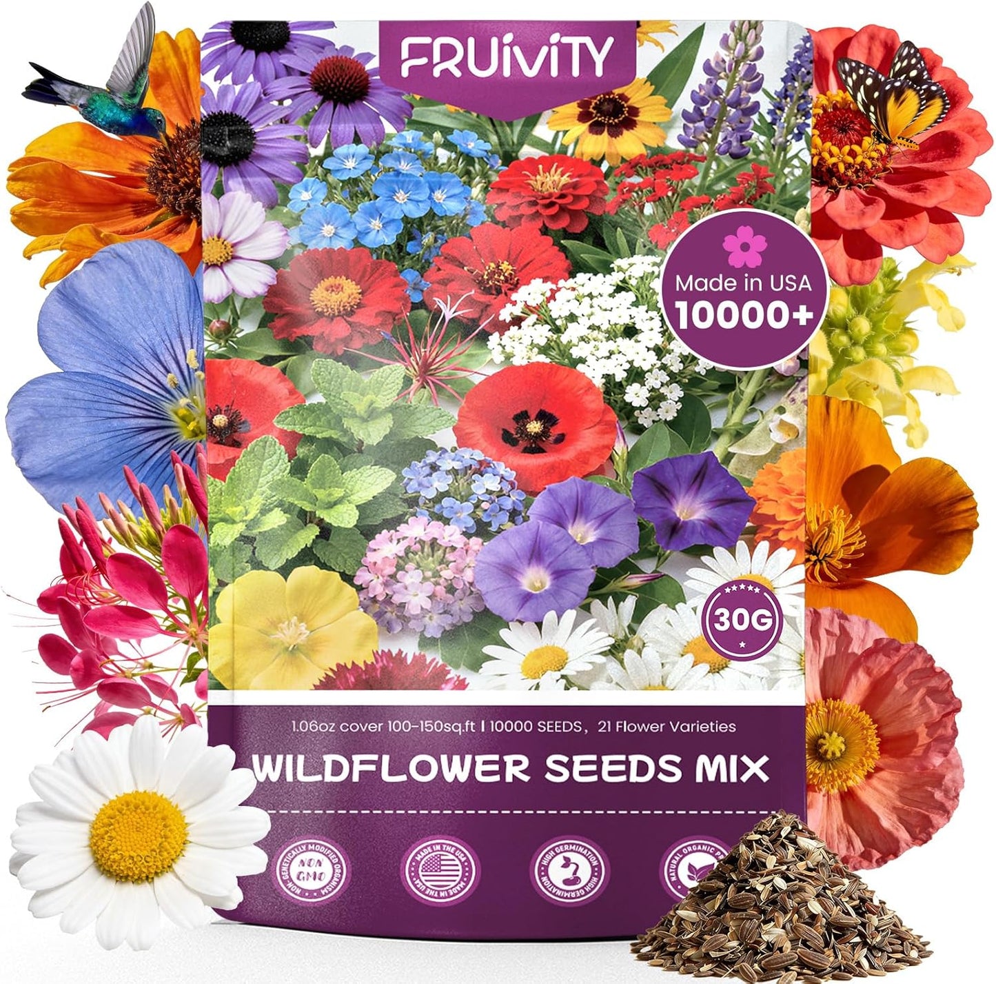 Wildflower Seeds - 10,000+ Bulk Butterfly & Hummingbird Mix | 21 Varieties of Heirloom Perennials & Annuals