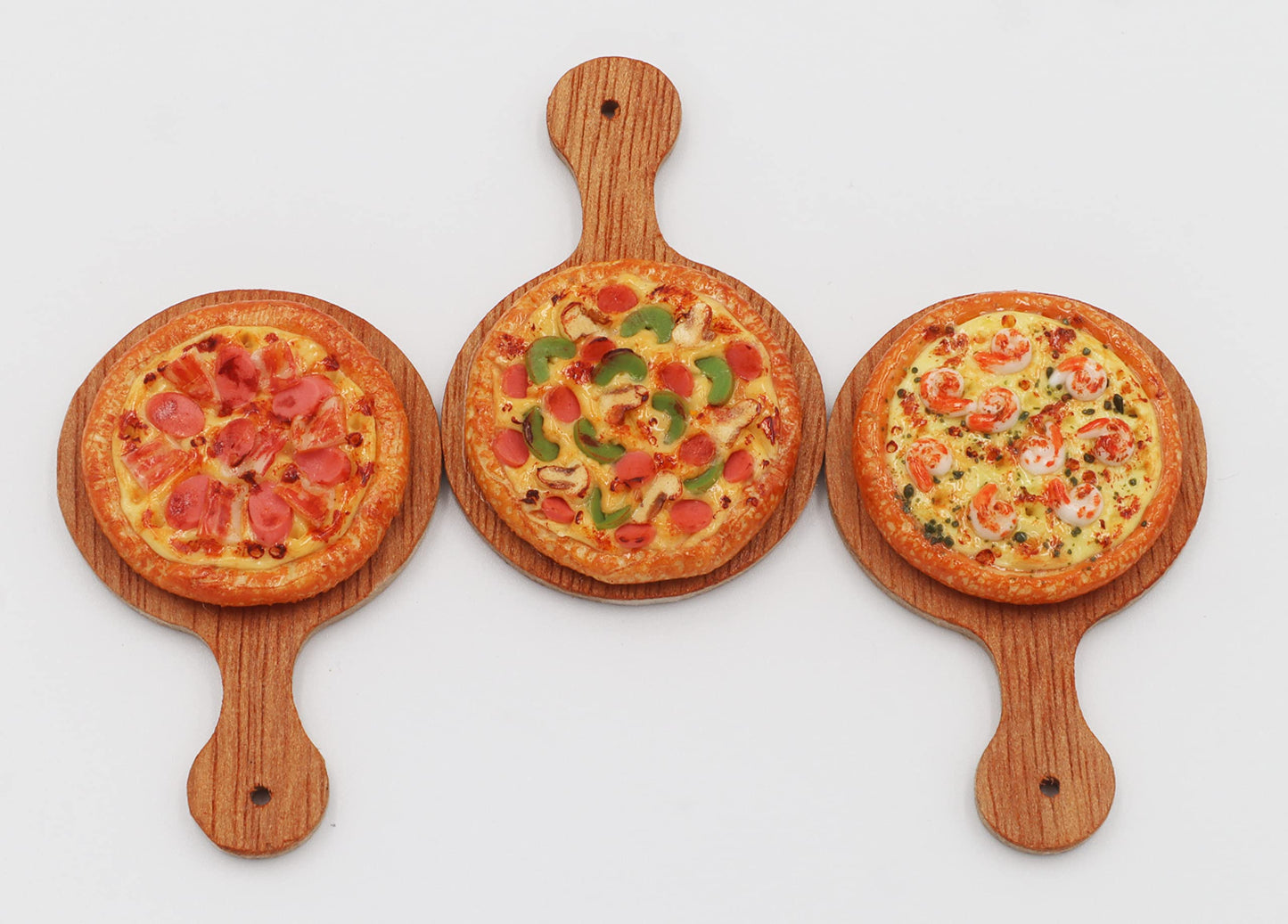 Mixed 3 Assorted Pizza Dollhouse Miniature on Wooden Tray, Dollhouse Food Dollhouse Kitchen Miniature