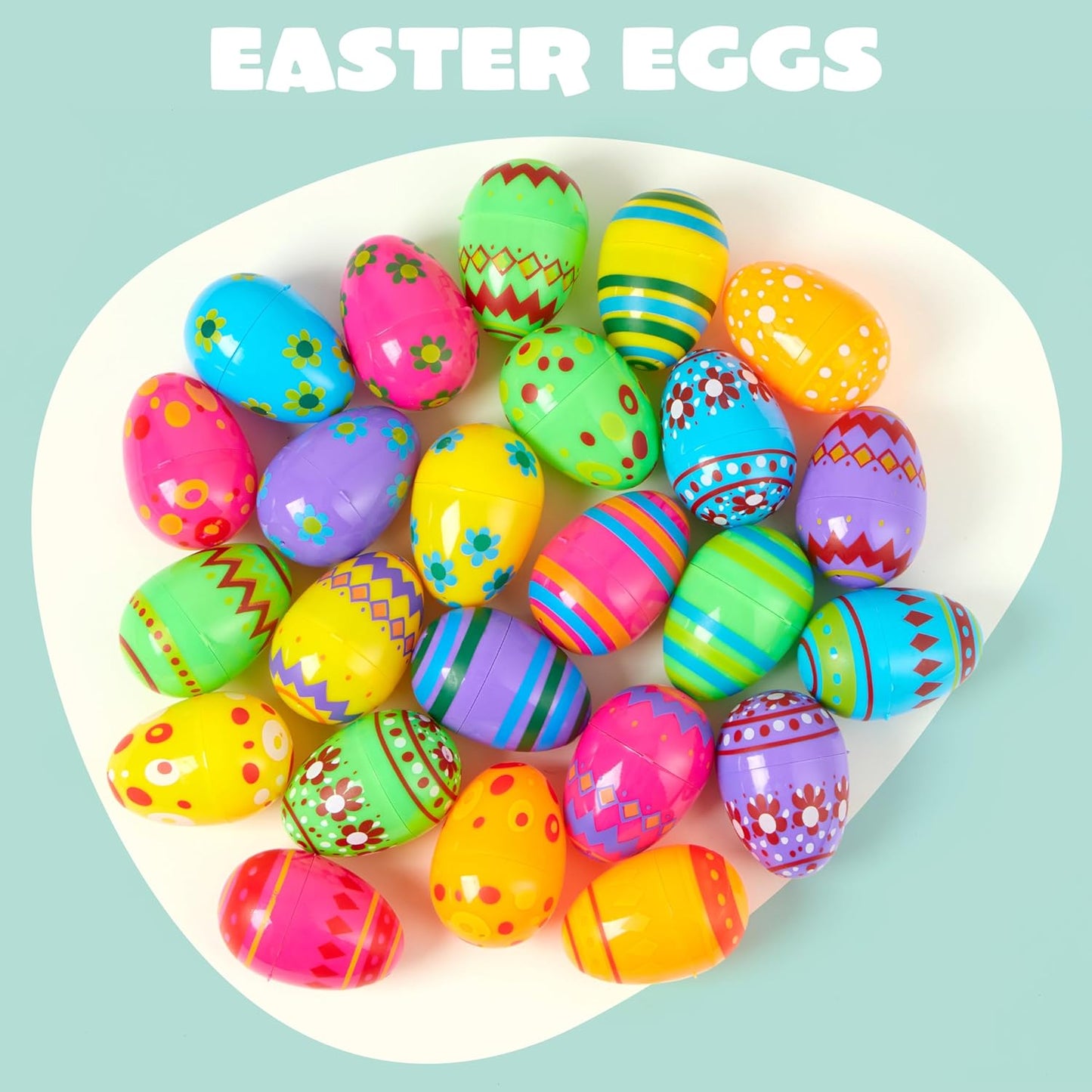 3.15Inch Favor-24 JOYIN Printed Plastic Eggs Colorful, Fillable Empty Eggs Bulks for Easter Hunt Event, Party pcs