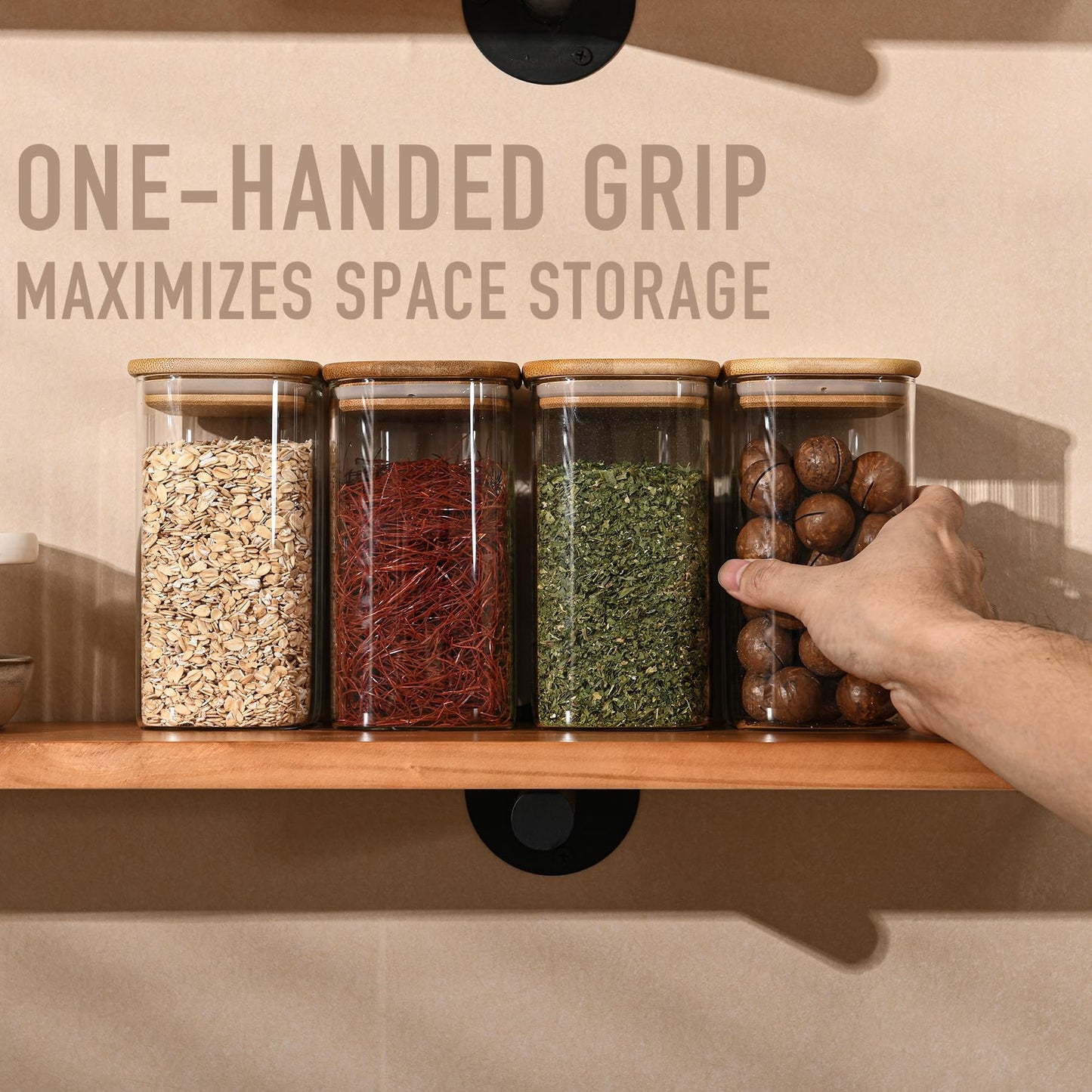 D2scrma 37oz Rectangle Airtight Glass Storage Containers with Bamboo Lids (Set of 6), Square Food Storage Jar, Pantry Organizers for Cereal, Nuts, Snacks and Coffee beans (‎with Black Lable)
