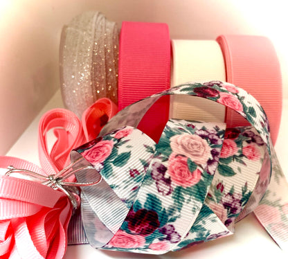 Pretty in Pink - 28 Yd Spring Bundle Pack. Includes 25 Yds of Premium Ribbon (5 Yds Each Style) Also 3 Yards Silver Metallic Elastic Bonus. Great for Hair Bows, Sewing & Crafting!