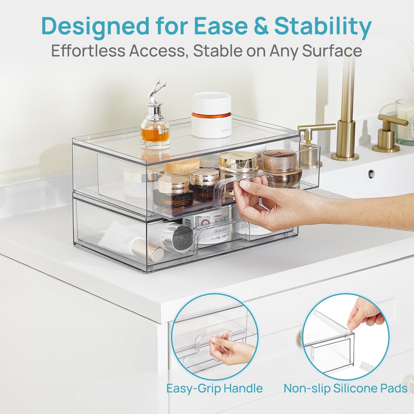 Vtopmart 12.1''W Clear Stackable Storage Drawers,4 Pack Acrylic Plastic Organizers Bins for Makeup Palettes, Cosmetics, and Beauty Supplies,Ideal for Vanity, Bathroom,Cabinet,Desk Organization