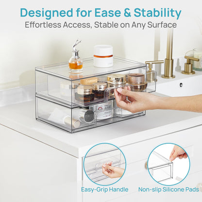 Vtopmart 12.1''W Clear Stackable Storage Drawers,4 Pack Acrylic Plastic Organizers Bins for Makeup Palettes, Cosmetics, and Beauty Supplies,Ideal for Vanity, Bathroom,Cabinet,Desk Organization