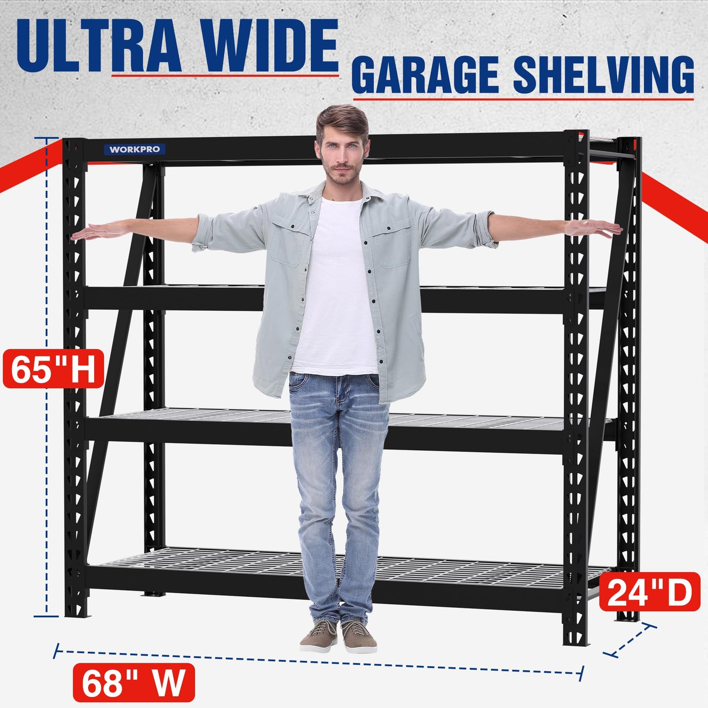 WORKPRO 68" Ultra Wide 4-Tier Metal Garage Shelving Unit, 68" W x 24" D x 65" H, 7200 LBS Capacity, Heavy Duty Storage Utility Rack, Industrial Adjustable Shelves for Shop Basement Fish Tank, 2 Pack