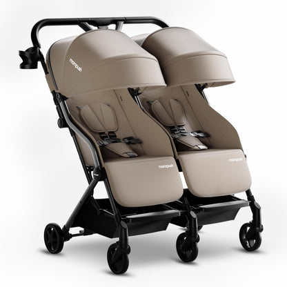 Mompush Lithe Double Stroller for Infant and Toddler, Lightweight Side by Side Twin Stroller, Only 25 lbs, 30-Inch Slim Fit Through Doorways, One-Step Fold, Independent Recline, UPF 50+ Canopy