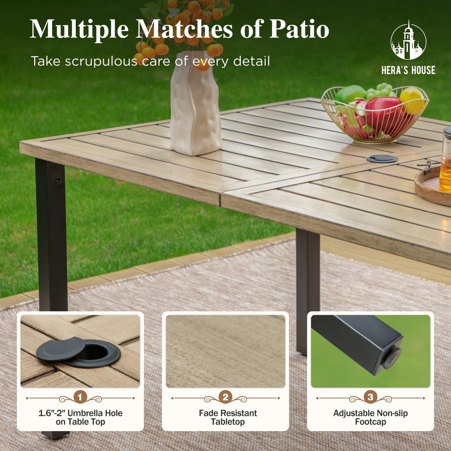 HERA'S HOUSE Patio Table and Chairs for 6, 7 Pieces Outdoor Deck Dining Sets, Wood-Like Rectangular Metal Table Set with Chairs for Lawn Garden Backyard, Brown