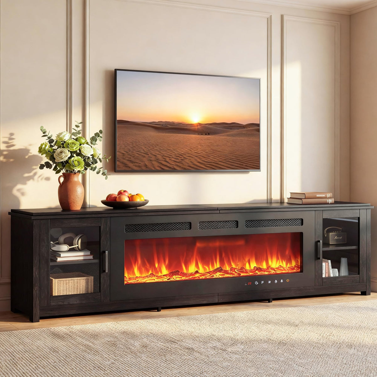 MXV 90" Fireplace TV Stand, Modern Entertainment Center with 60 Inch Electric Fireplace, Adjustable Shelf & Glass Door, Fire Place TV Console for Living Room, Black