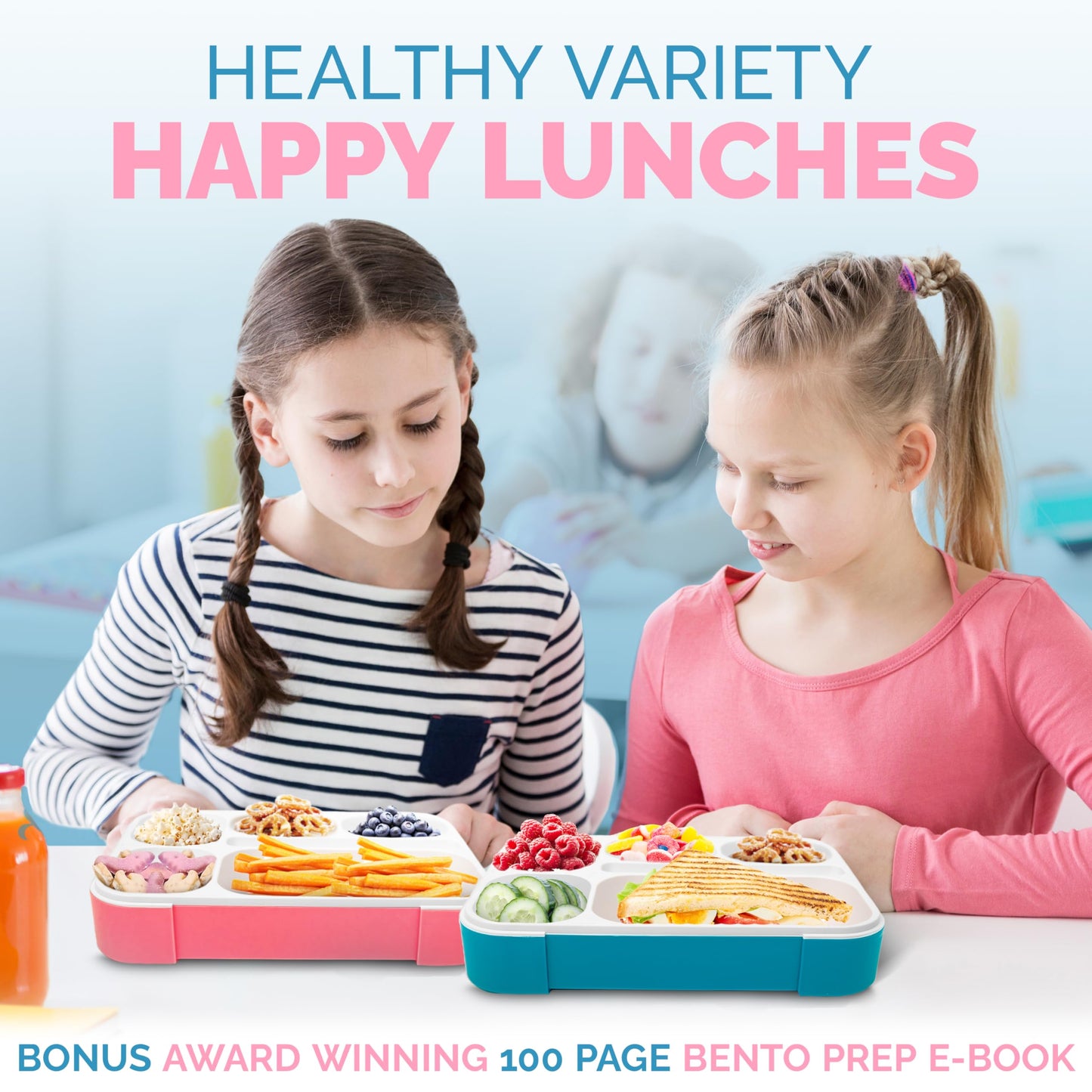 6 Compartment Lunch Boxes. Bento Box Lunchbox Containers for Kids, Boys Girls Adult. BPA-Free Microwave Safe School Bentobox Meal Planning Portion Container. Leakproof. Set of 2 Blue & Pink Kits